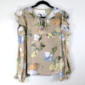 LOST + WANDER floral cold shoulder sheer feminine tie neck blouse